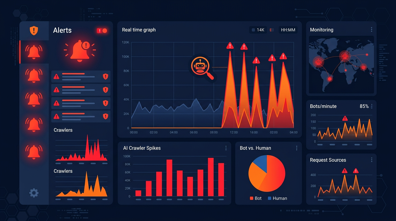 Bot traffic monitoring alert system with notification bells and traffic spike graphs