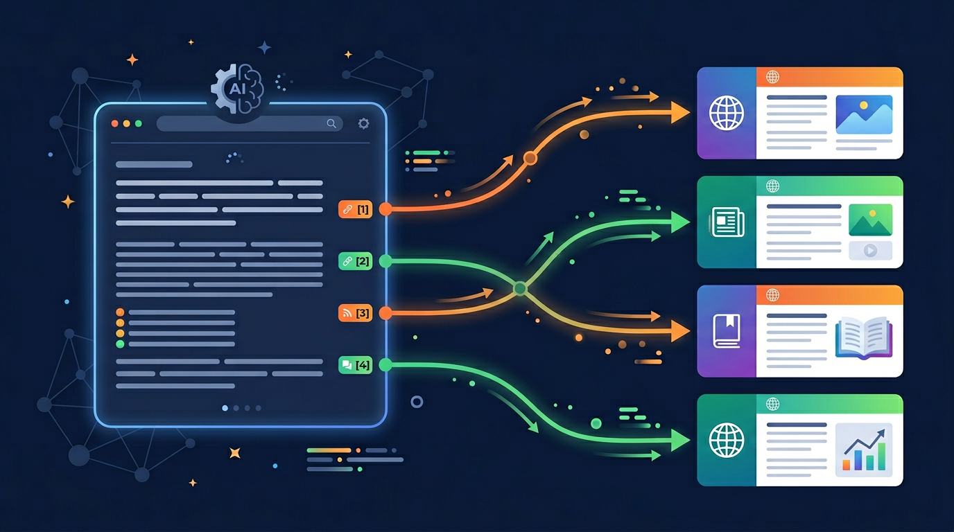 AI search engines citing and attributing web sources with links flowing to original websites