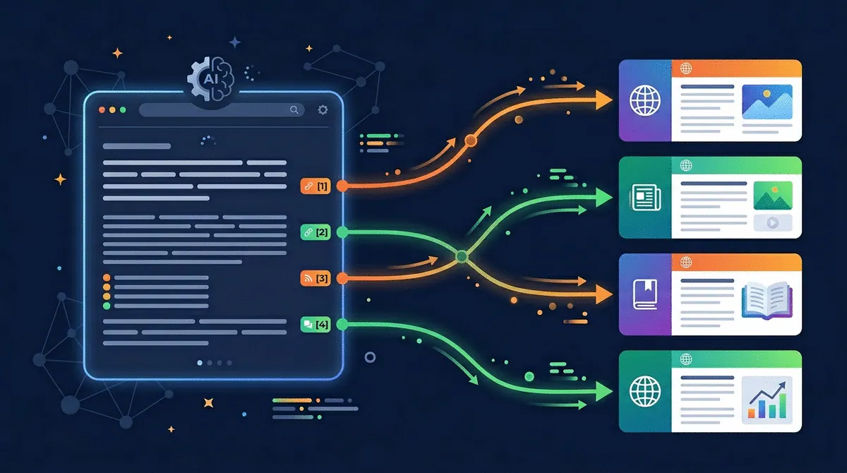 AI search engines citing and attributing web sources with links flowing to original websites