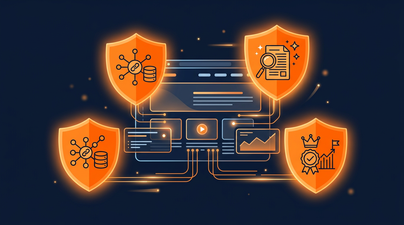 Website preparing for AI search with optimization shields and strategy icons