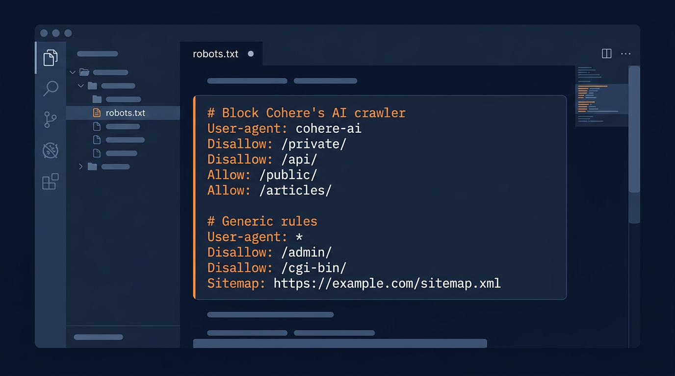 Robots.txt configuration for managing Cohere AI crawler with allow and disallow rules
