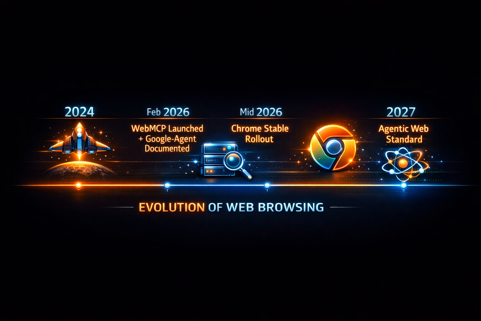 Timeline showing the evolution from traditional web crawling to agentic browsing with Google-Agent and WebMCP milestones in 2026