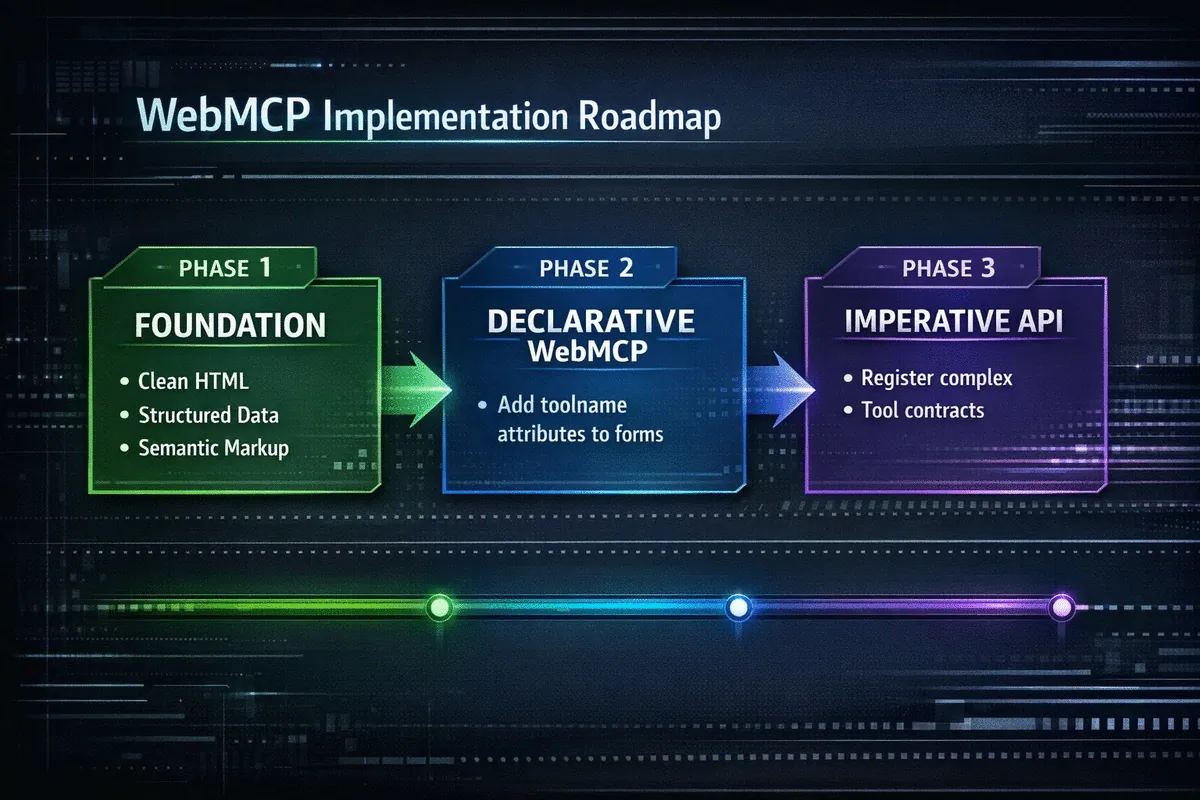 WebMCP implementation roadmap showing phases from HTML cleanup to full tool contract registration