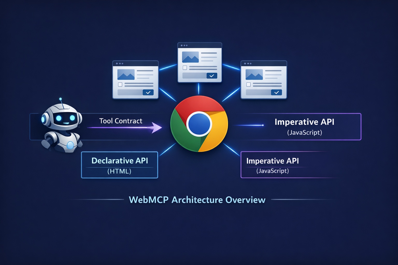 Overview diagram showing WebMCP connecting AI agents to website tool contracts through the browser