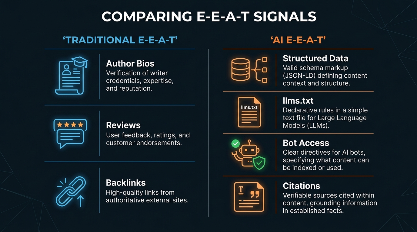 Side-by-side comparison showing how E-E-A-T works as a ranking signal in traditional SEO versus a binary trust gate in AI search