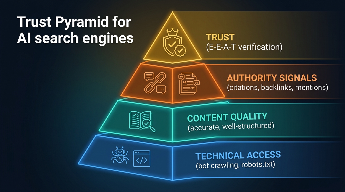 E-E-A-T trust pyramid showing Trustworthiness as the base, then Authoritativeness, Expertise, and Experience at the top, with AI-specific signals at each level