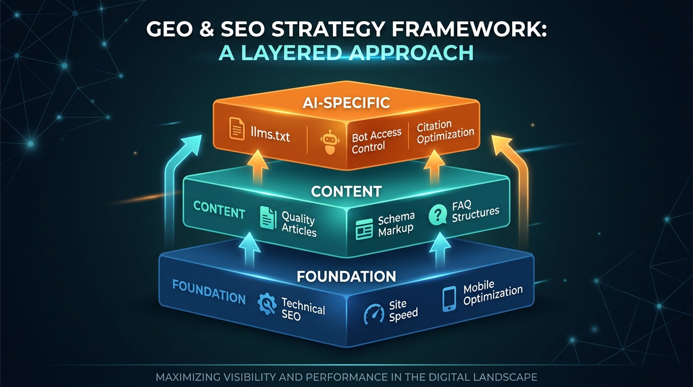 Four-layer framework pyramid showing Technical Foundation at the base, Content Strategy above it, GEO-Specific Optimization next, and Monitoring at the top