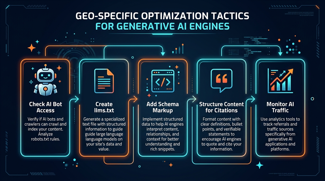 Diagram showing the GEO-specific optimization layers that sit on top of traditional SEO: AI bot access, llms.txt, citability optimization, and multi-bot robots.txt strategy