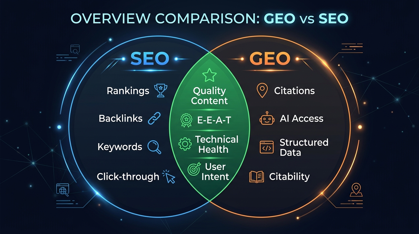 Visual comparison diagram showing SEO targeting Google rankings on the left and GEO targeting AI citations on the right, with overlapping strategies in the middle