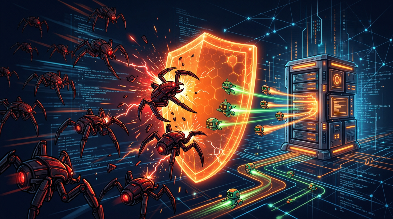 Shield icons protecting a website server from aggressive scrapers