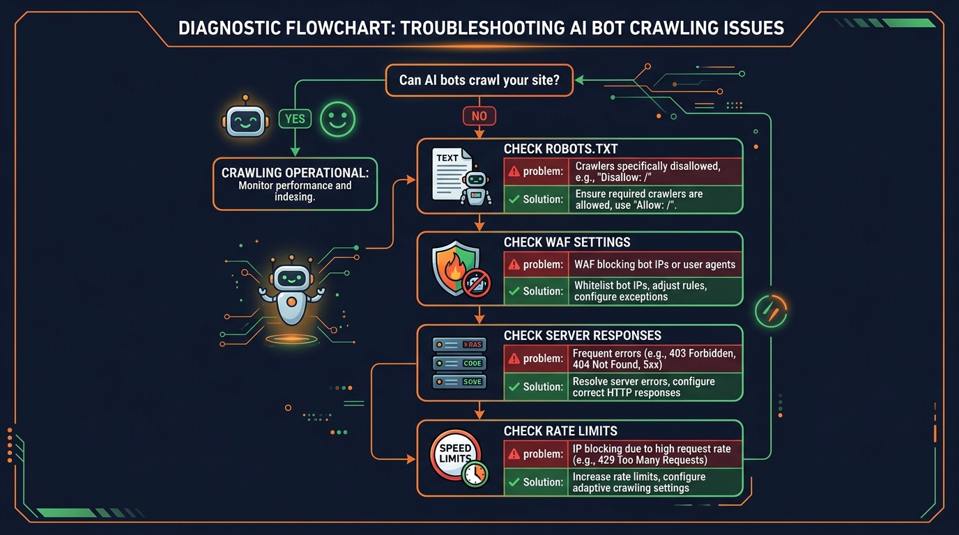 Diagnostic flowchart showing the step-by-step process to identify and fix AI bot access issues, from running the AI Crawler Check tool to verifying the fix