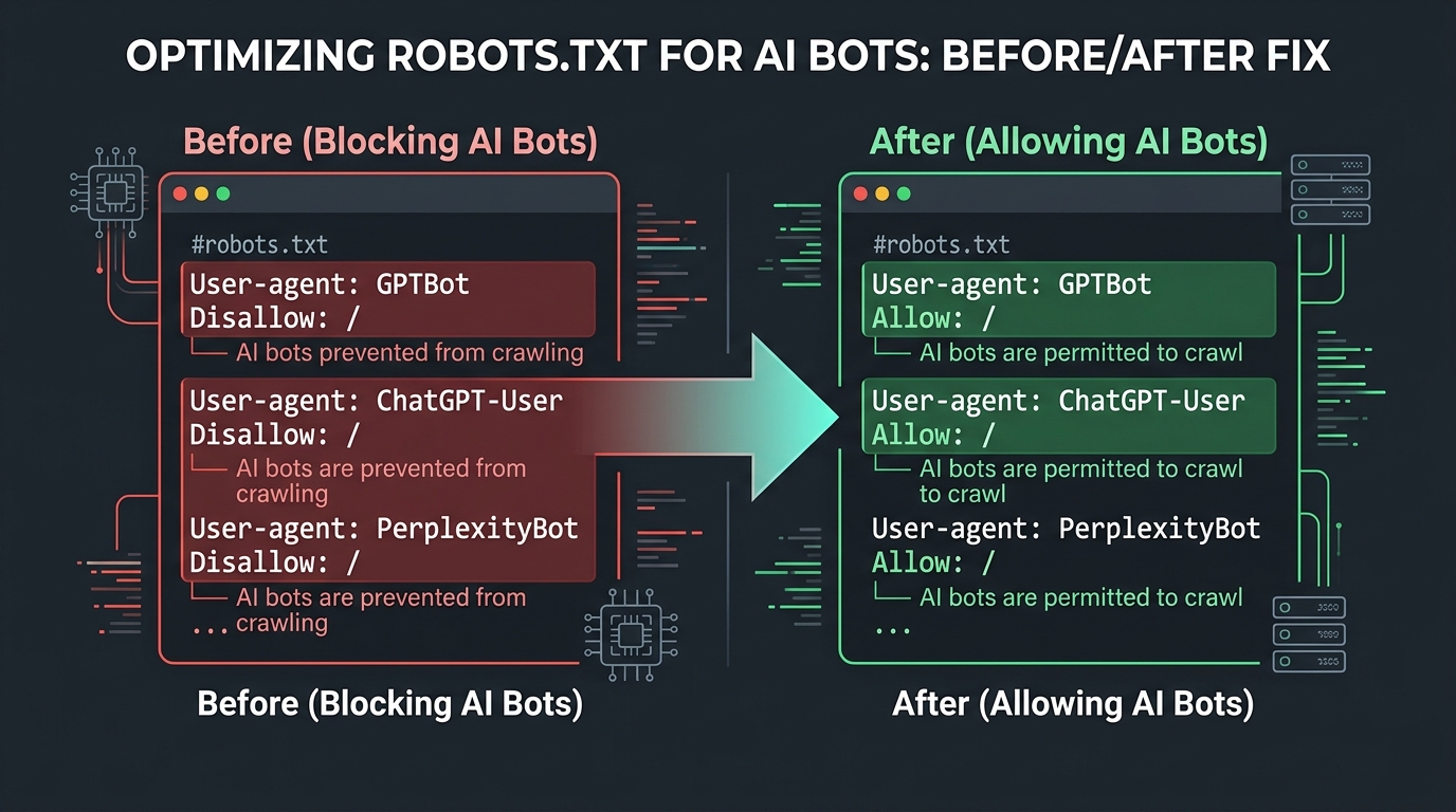 Before and after comparison of a robots.txt file, showing AI bot blocking rules being replaced with allow rules