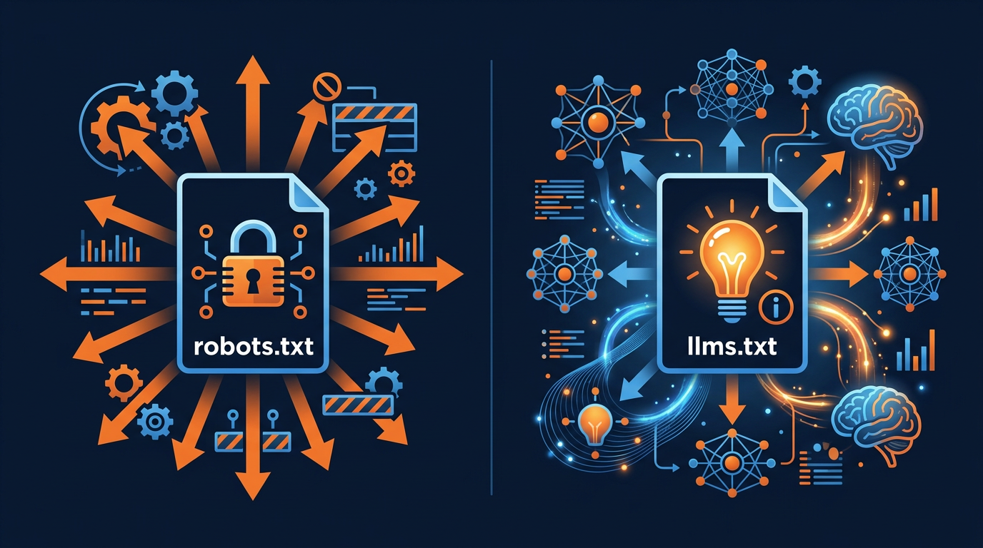 Comparison of robots.txt versus llms.txt showing their different purposes
