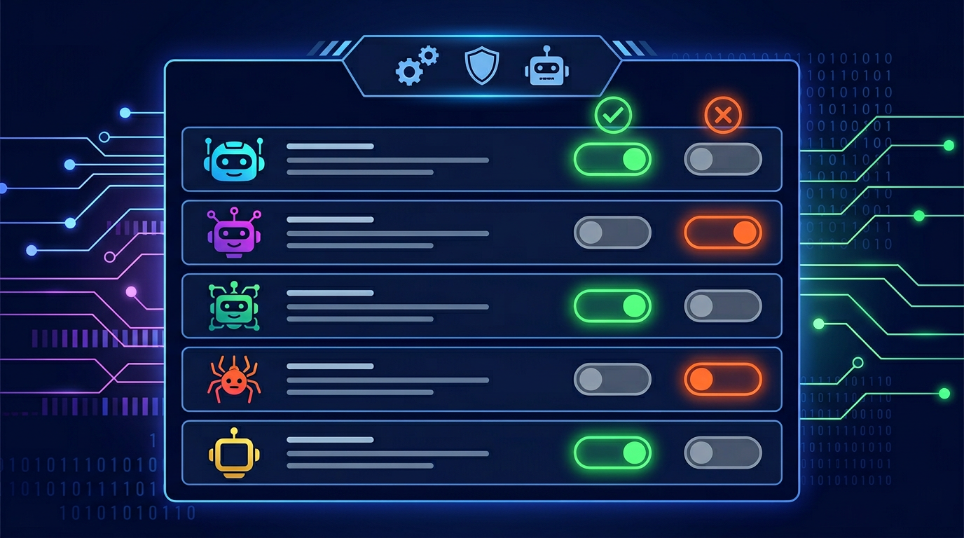 Robots.txt configuration with highlighted rules and AI bot icons