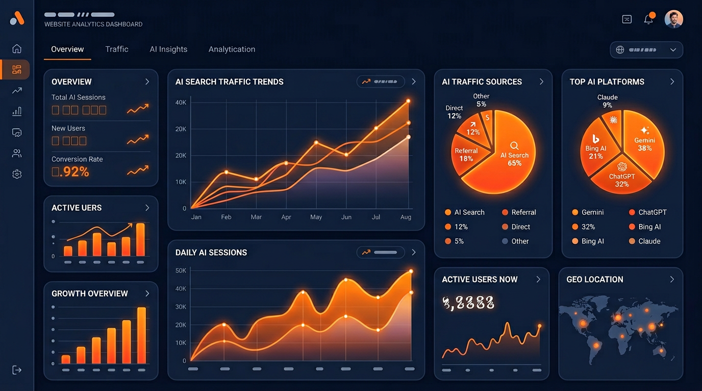 Website analytics dashboard showing AI search traffic metrics trending upward