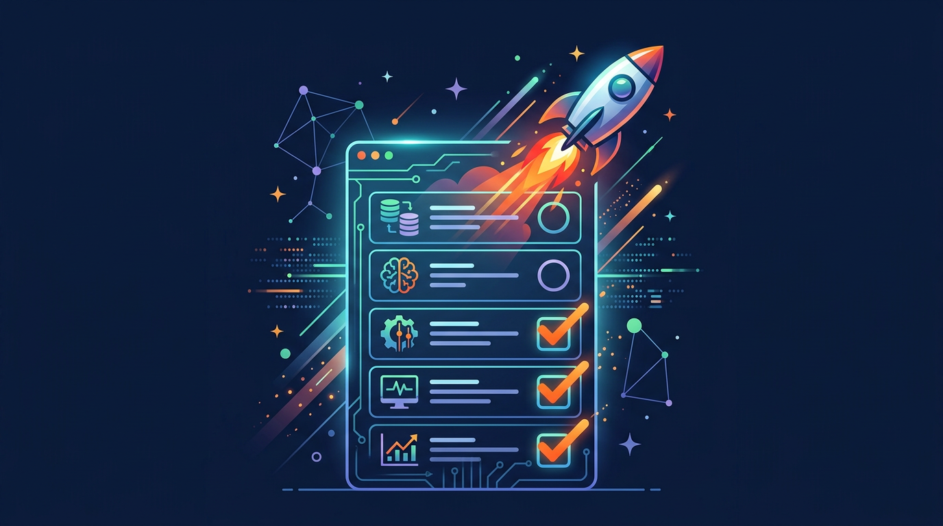 AI optimization strategy checklist with rocket launching from completed items