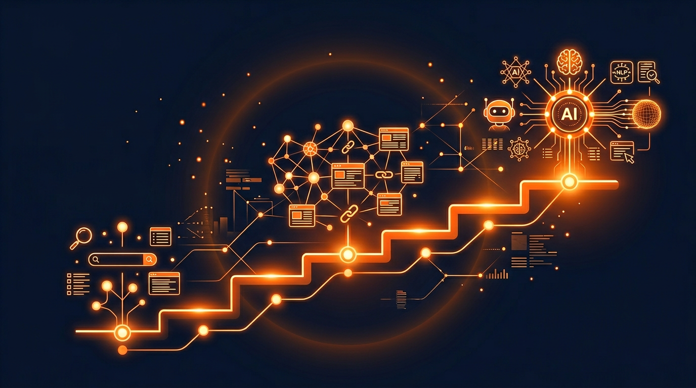 Evolution timeline of search from keywords to links to AI with ascending steps