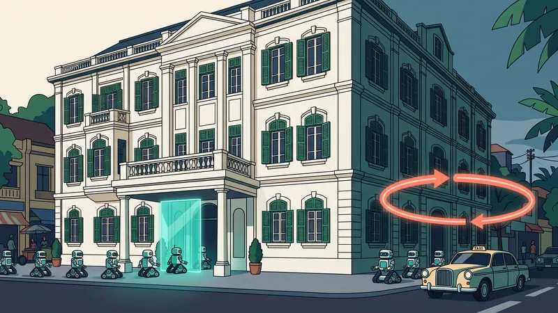 Illustration: a colonial hotel facade in Hanoi. Robot crawlers arriving on foot walk through a glowing door; identical crawlers arriving by taxi are sent round a red loop arrow, never getting in.