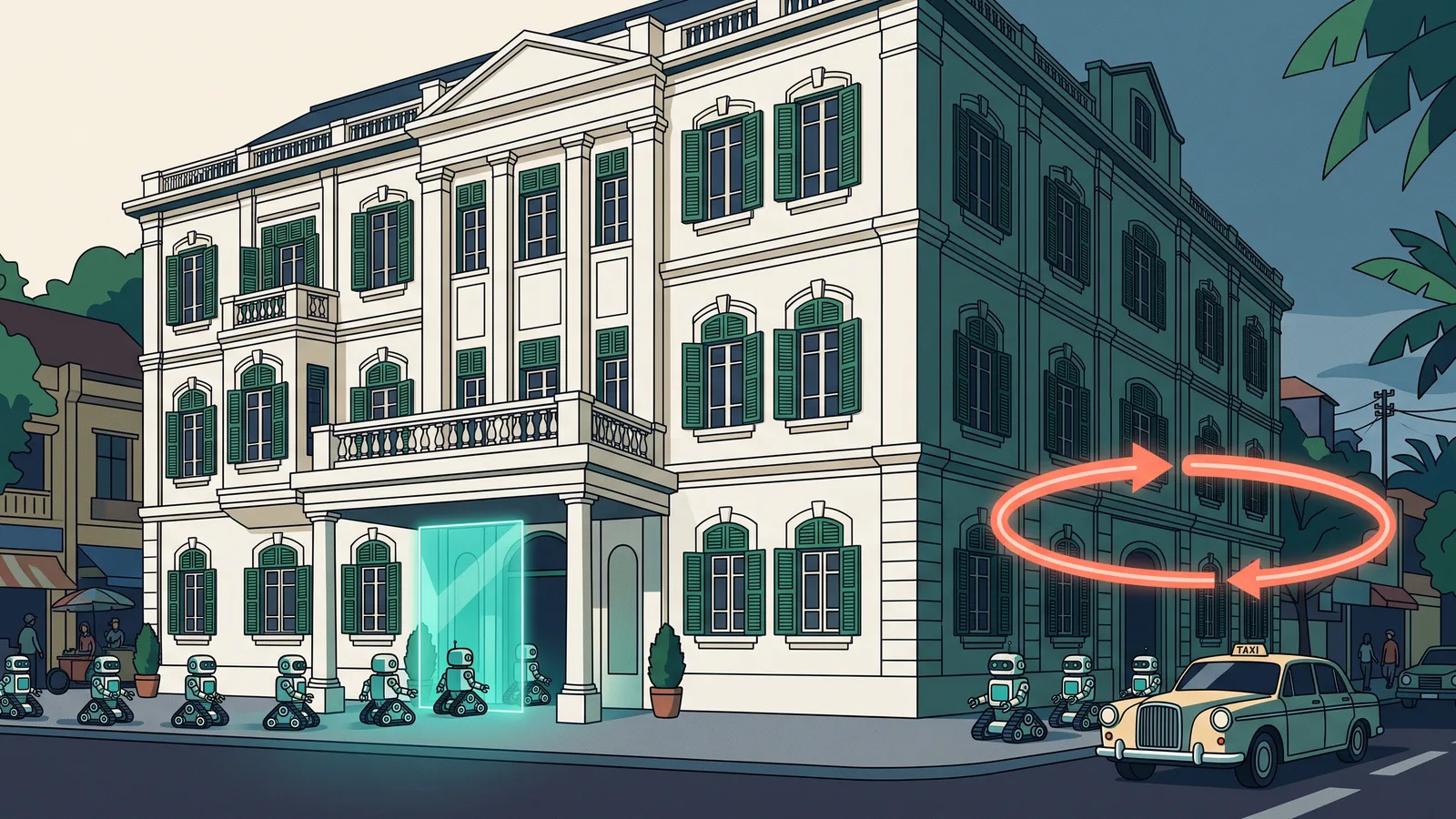 Illustration: a colonial hotel facade in Hanoi. Robot crawlers arriving on foot walk through a glowing door; identical crawlers arriving by taxi are sent round a red loop arrow, never getting in.