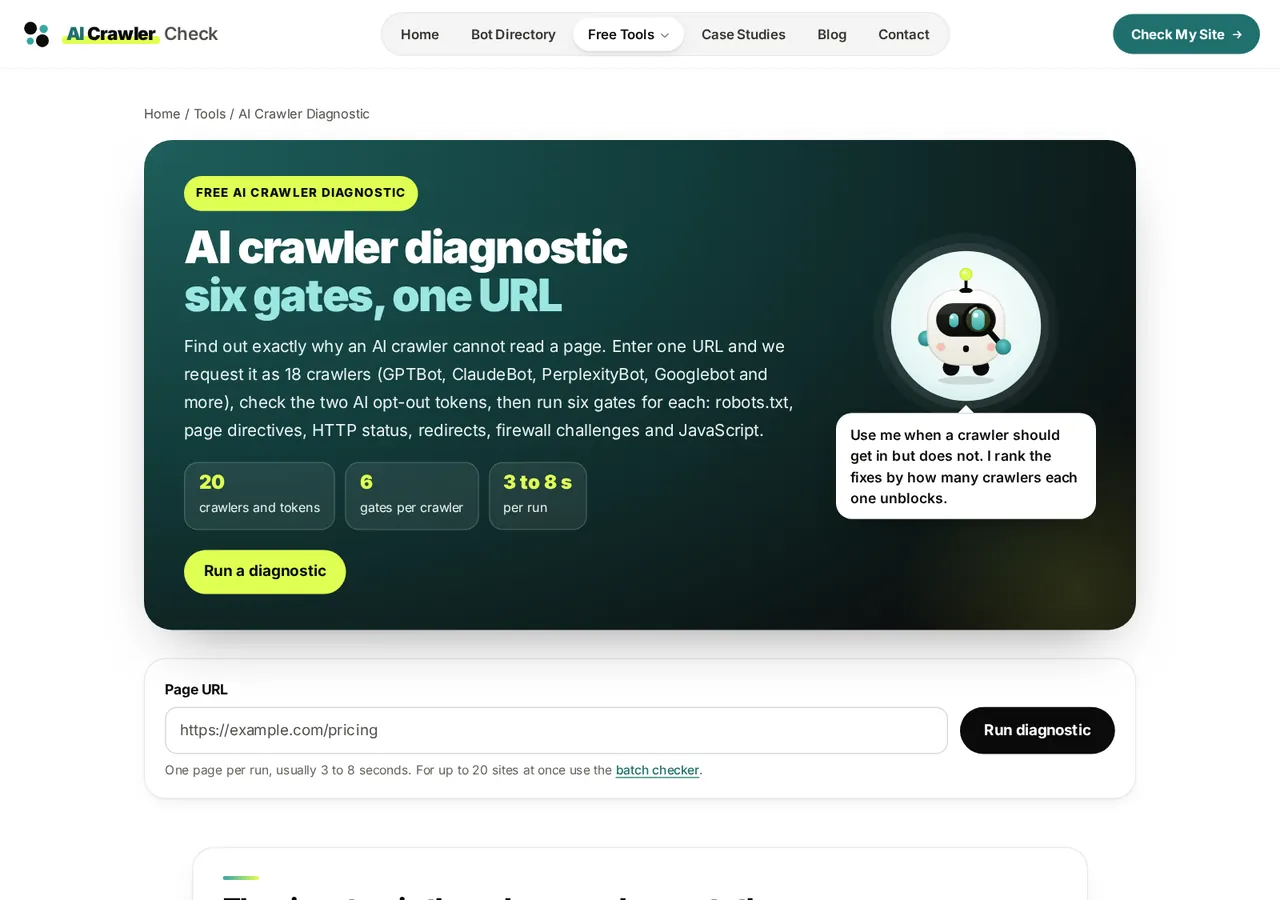 After, v6.3: the v6.3 AI crawler diagnostic with a styled black Run diagnostic button