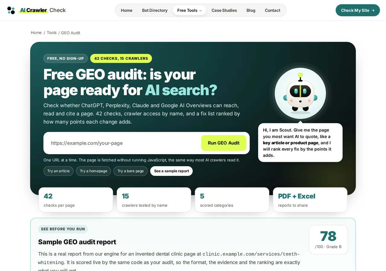 After, v6.3: the v6.3 GEO audit page, the URL box inside the teal hero with Scout and the sample report below