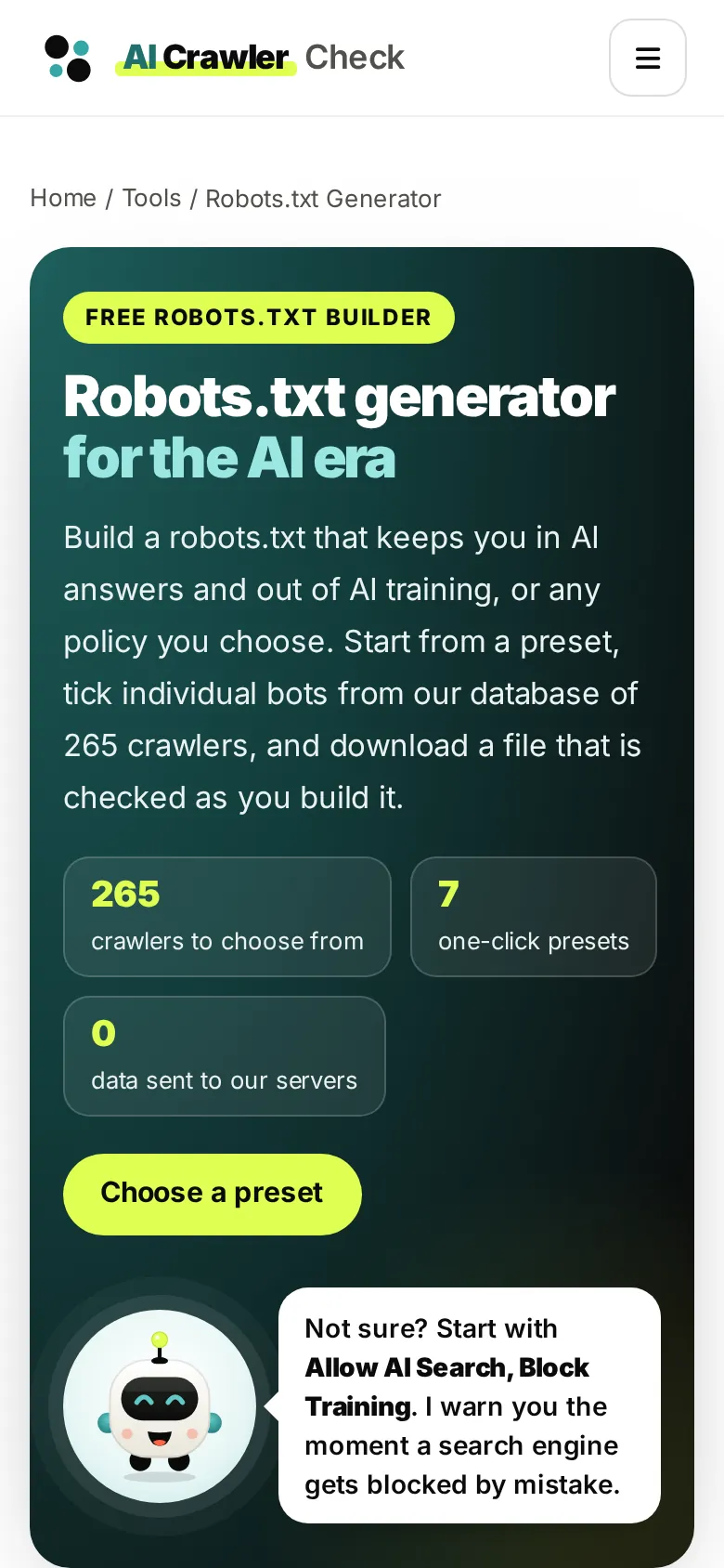 After, v6.3: the v6.3 robots.txt generator on a phone with the hero and Scout
