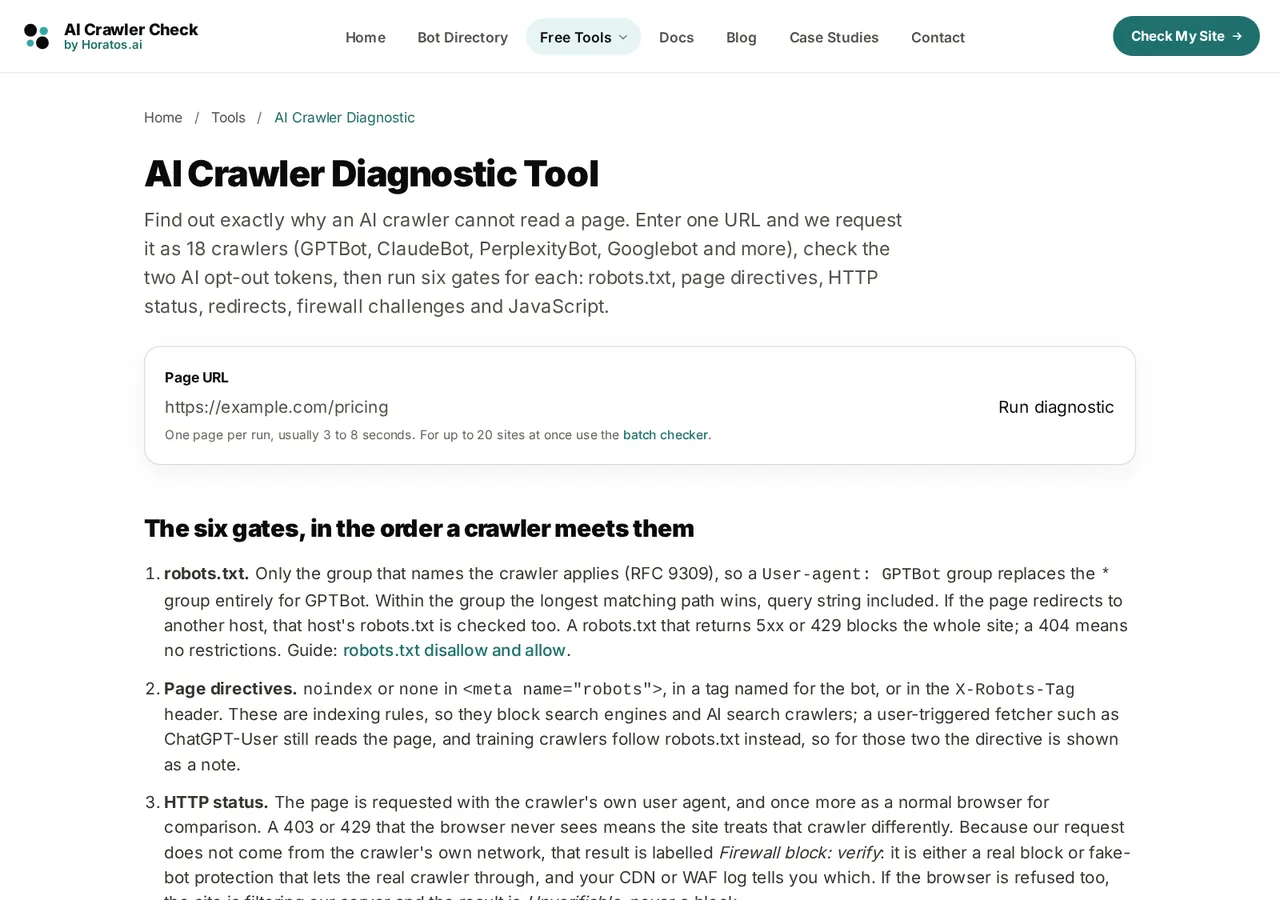Before, v6.2: the v6.2 AI crawler diagnostic, where the Run diagnostic button rendered as plain text