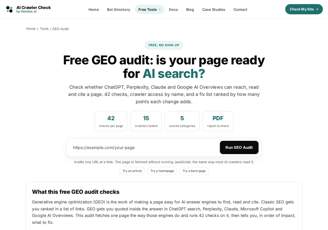 Before, v6.2: the v6.2 GEO audit page, a centred heading over the URL box